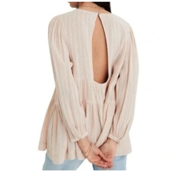American Eagle Outfitters Tiered Babydoll Top Blouse Large Beige Long Sleeve - Picture 3 of 13